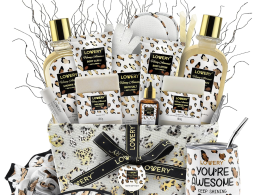 Mothers Day Home Spa Kit in Honey Almond Scent, Bath Gift Basket with Vit E-Rich Bath Essentials, Tumbler, Ear Candles, Bath Oil, Salts, Shower Steamer, Organic Lip Balm & More in Leopard Basket, 21Pc